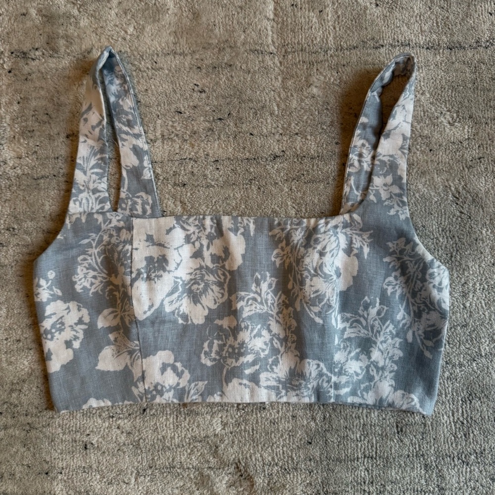 Reformation Linen Crop Top Blue White Palm Floral Sz 6
